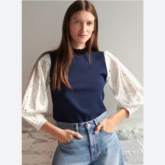 Veronica Beard Roy Navy Mixed Media Pullover with Eyelet Sleeves - Picture 1 of 10